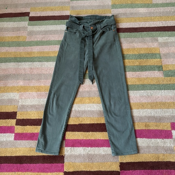 7 For All Mankind Womens Paperbag Waist Jeans Green Belted Stretch Denim size 27 - Picture 2 of 13
